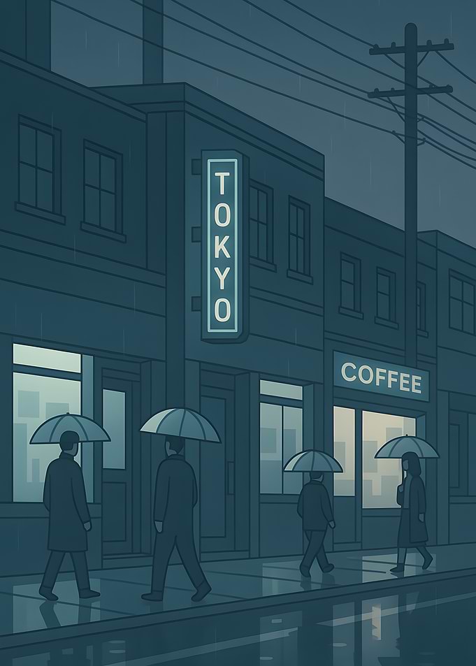 Rainy Tokyo Coffee Shop Scene