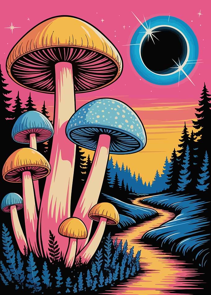 Psychedelic Mushroom Landscape with Eclipse