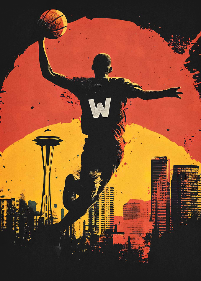 Basketball Player Seattle Skyline Art