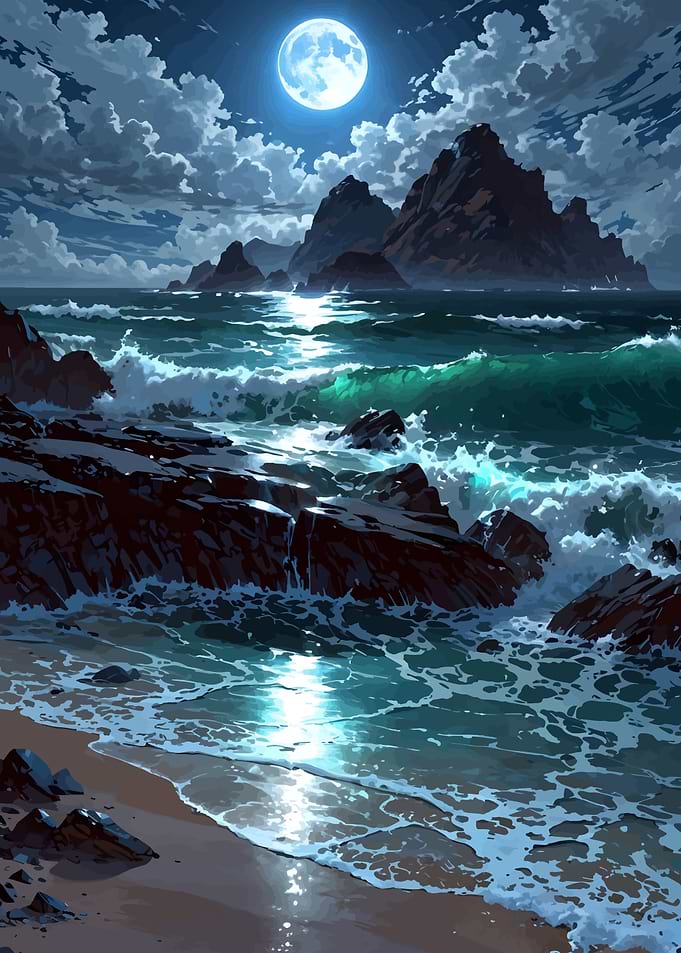 Moonlit Ocean Waves Crashing on Shore
