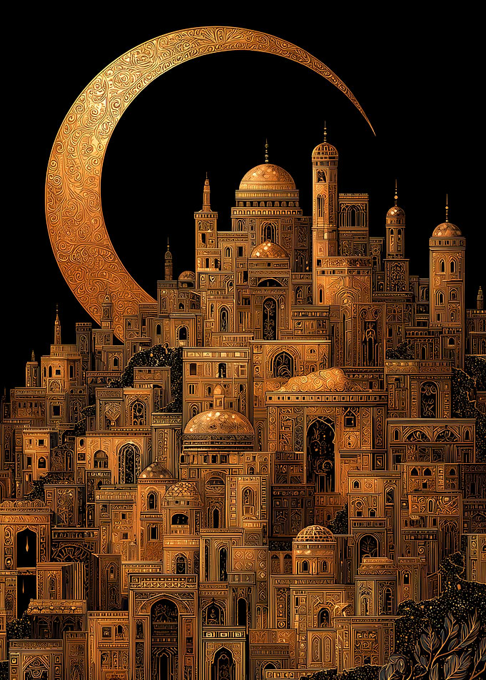 Golden City Under Crescent Moon