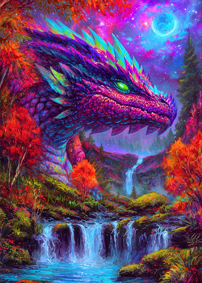 Colorful Dragon Waterfall Fantasy Landscape