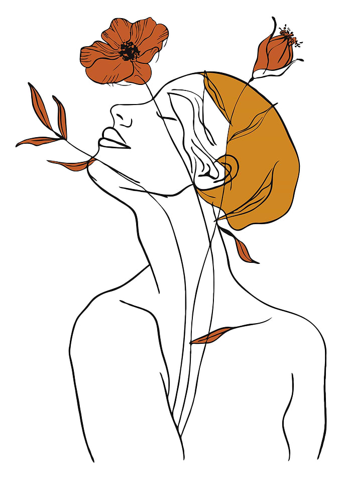 Minimalist Woman with Flowers Line Art Illustration