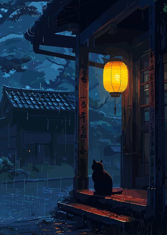 Rainy Night Cat and Lantern