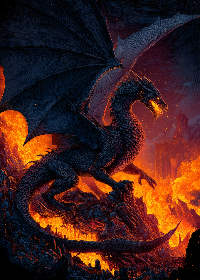 Dragon in fiery landscape