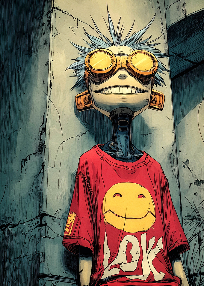 Cartoon Robot with Smiley Face T-Shirt