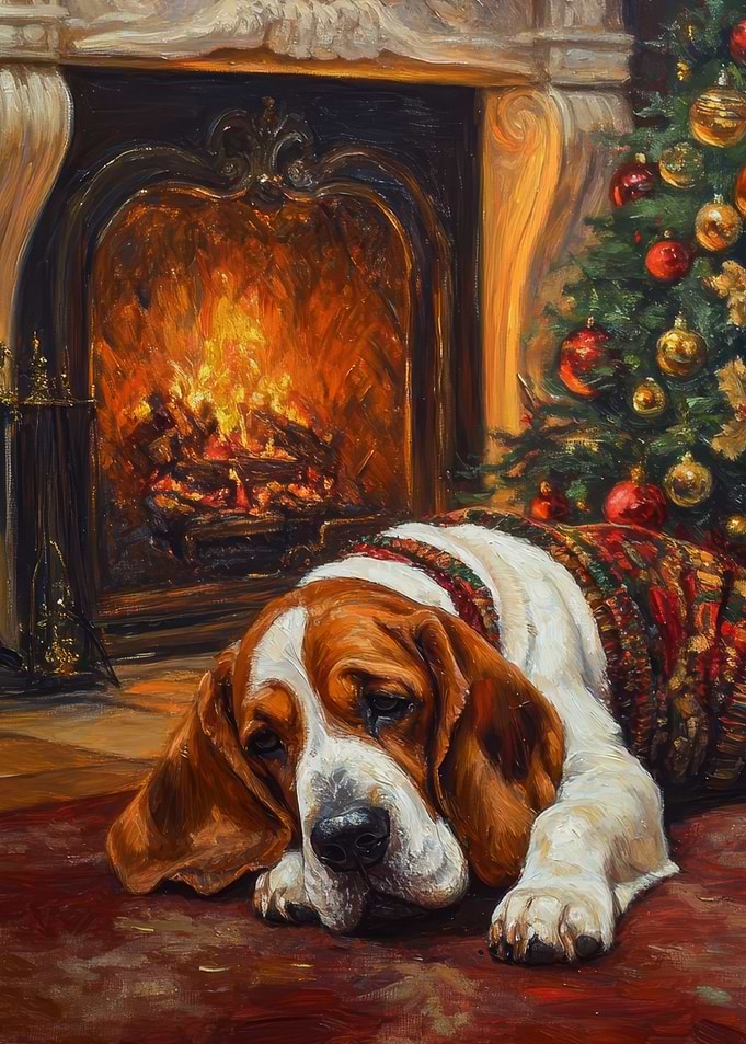 Basset dog Christmas print | Dog by Fireplace at Christmas
