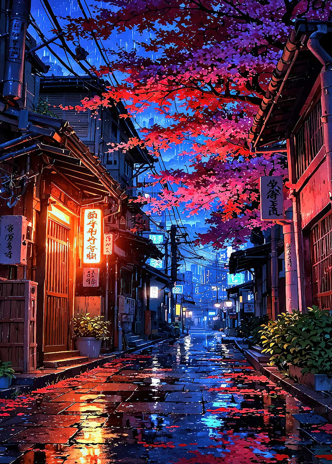 Rainy Japanese Street with Cherry Blossoms