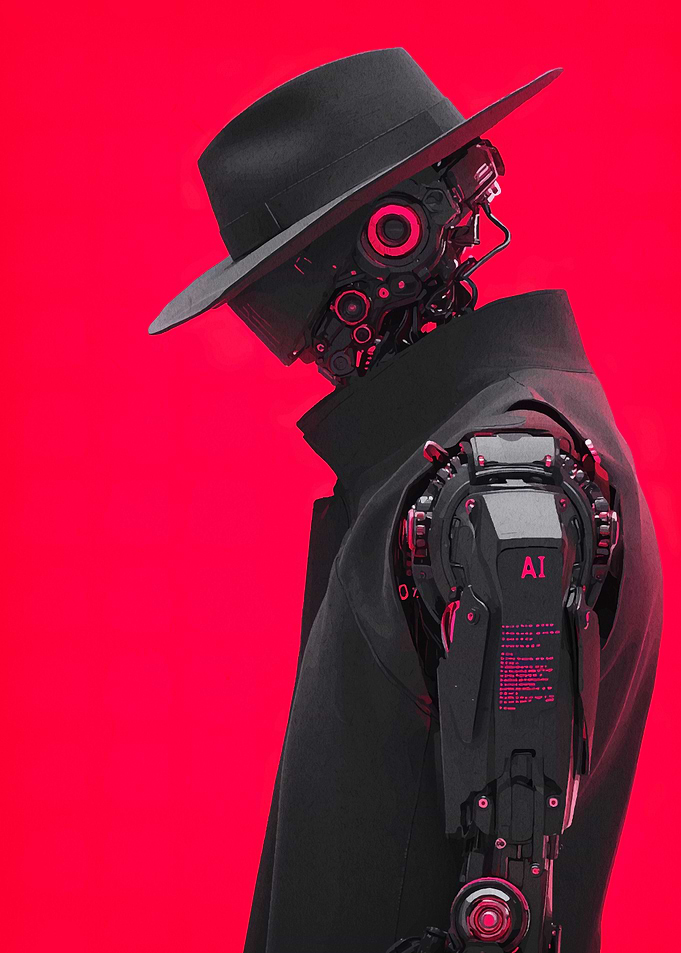 Cyberpunk Robot in Hat and Coat
