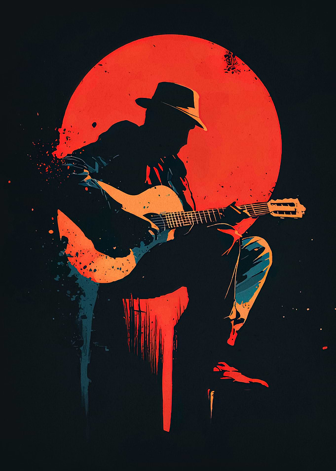 Silhouette Guitarist with Red Moon Backdrop