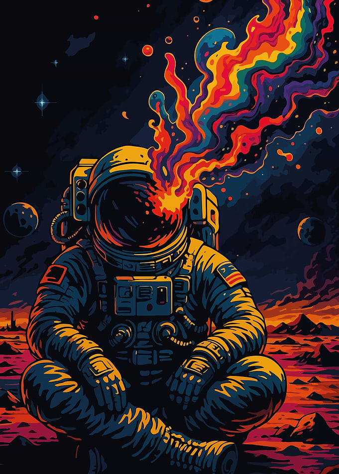 Astronaut Meditation with Colorful Psychedelic Stream