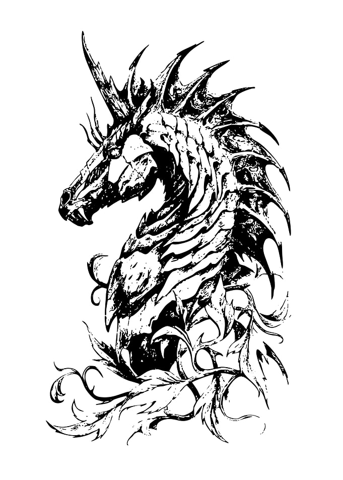 Monochrome Dragon-Horse Head Illustration