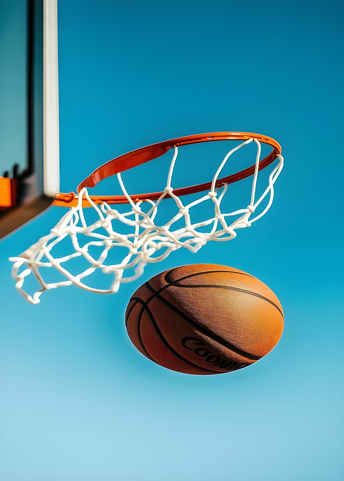 Basketball and hoop against blue sky