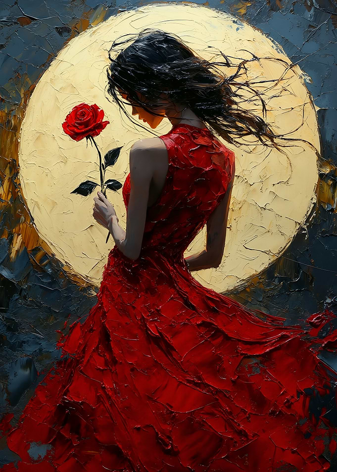 Woman in Red Dress with Rose