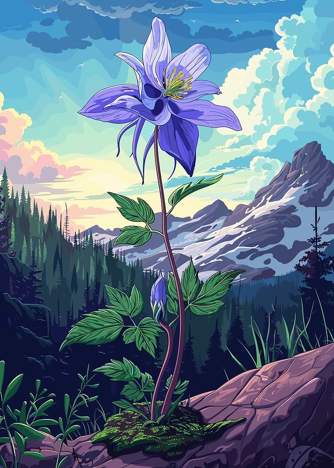 Blue Columbine Flower in Mountain Landscape
