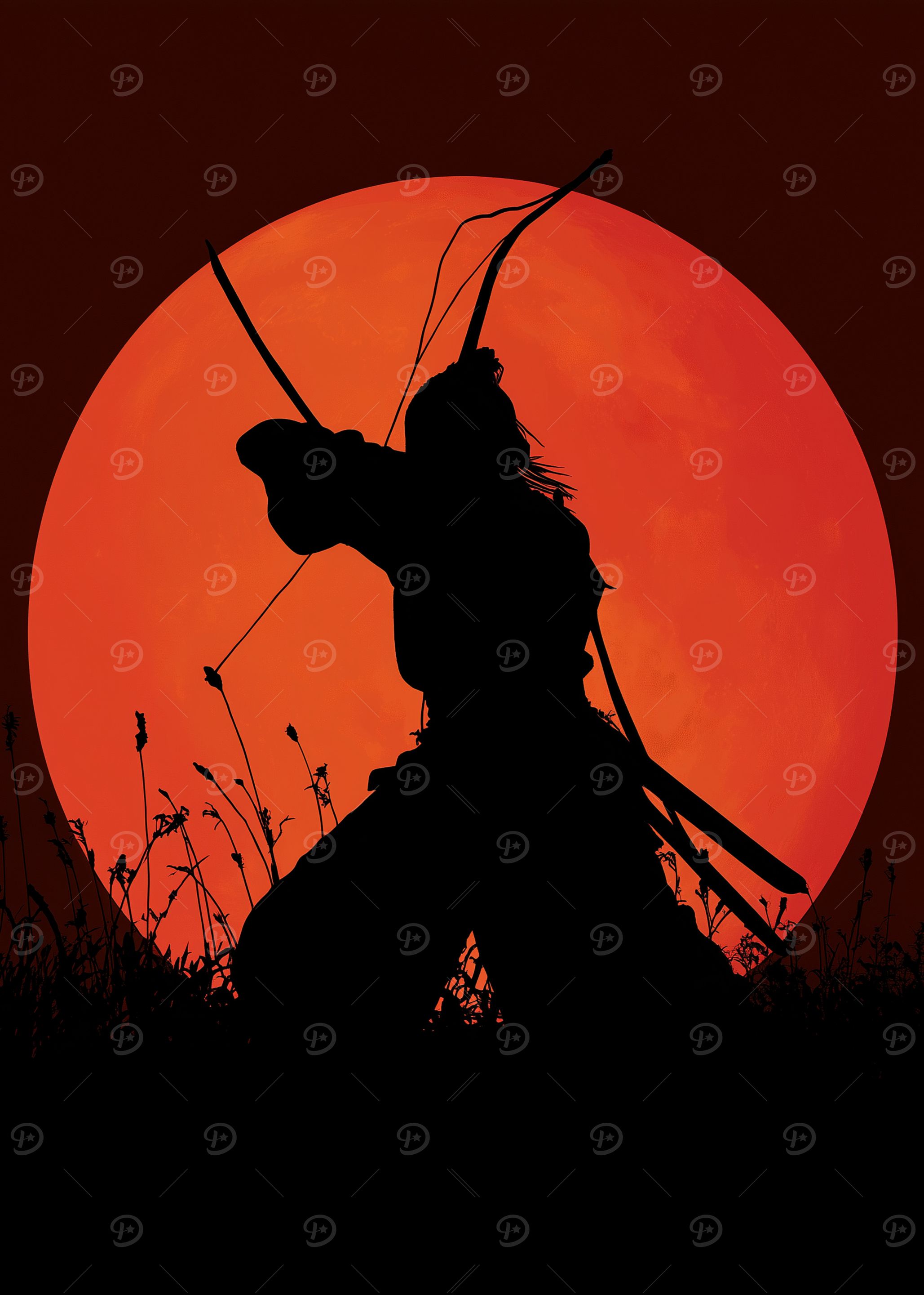 Silhouette of Samurai Archer with Red Moon