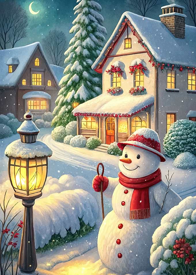 Snowman Winter Village Scene