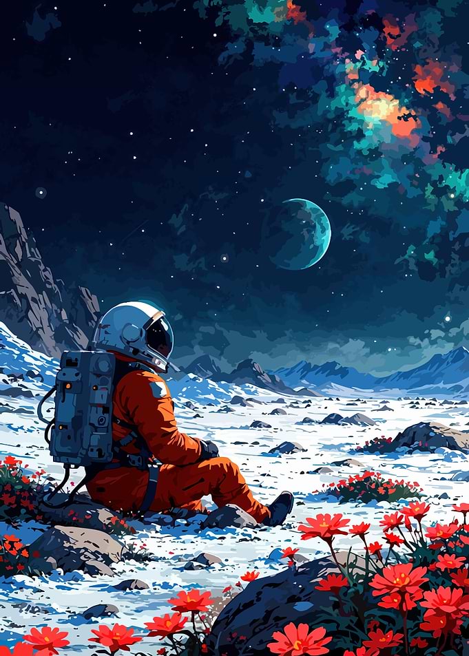 Astronaut on Alien Planet with Flowers
