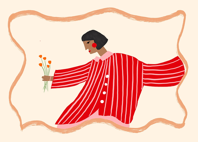 Woman in Striped Shirt with Flowers