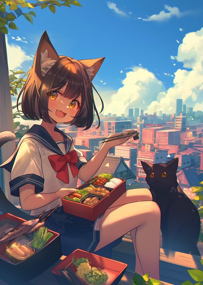 Anime Girl with Bento and Black Cat