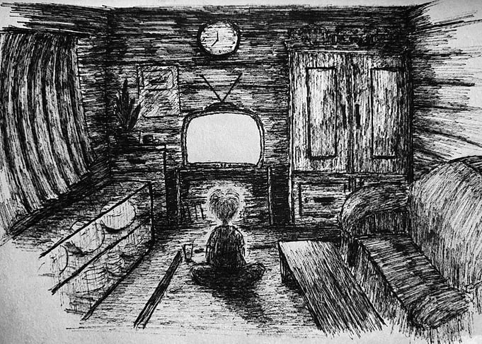 Monochrome Drawing: Child Watching Television