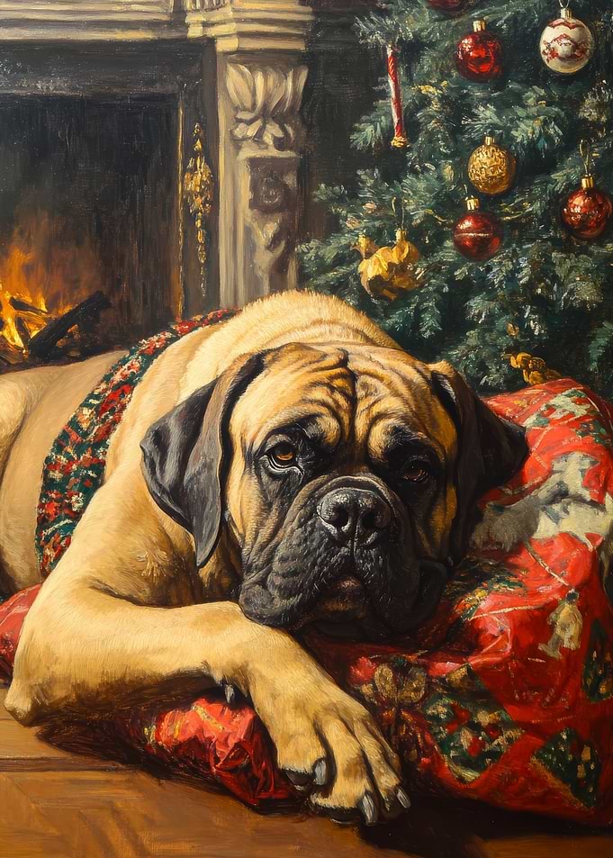 Mastiff Dog by Fireplace with Christmas Tree