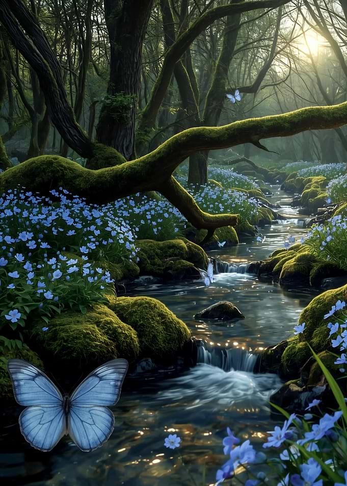 Enchanted Forest Stream with Blue Butterflies