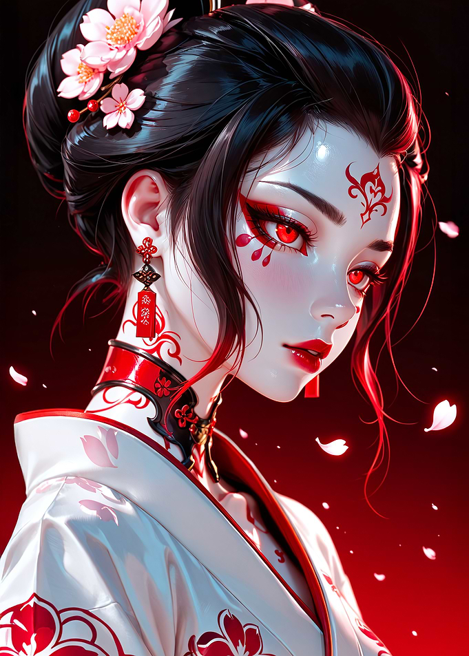 Geisha with Red Accents and Flowers