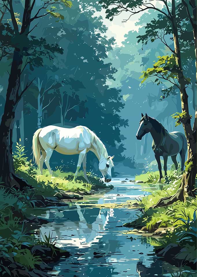 Horses by the Stream in Forest