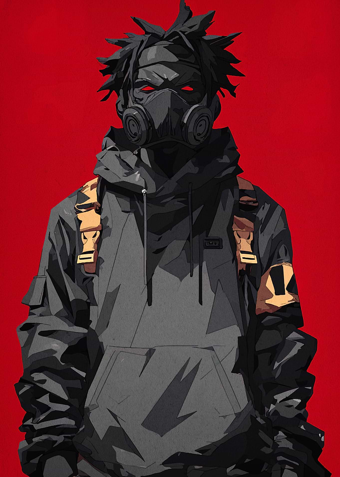 Masked Figure in Hoodie, Red Background