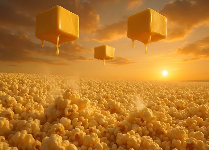Golden Popcorn Plains at Sunset with Melting Butter Skies