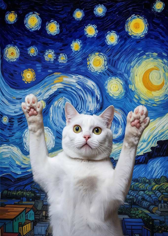 White Cat in Starry Night Style
