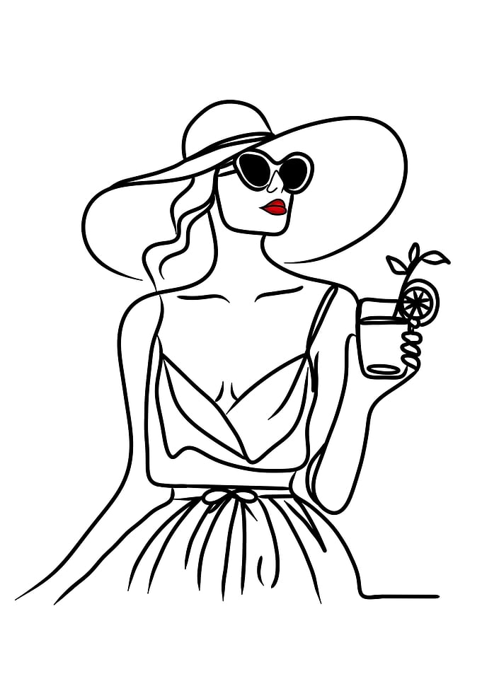 Elegant Woman with Cocktail Line Art