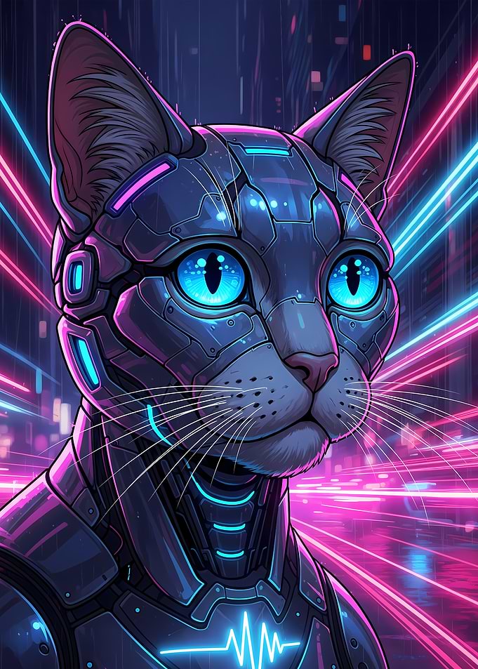 Cyber Cat Portrait with Neon Lights
