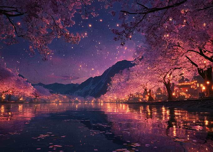 Cherry Blossoms at Night by the Lake
