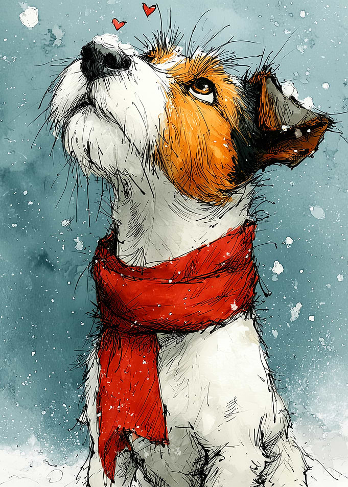 Dog with Red Scarf in Snow