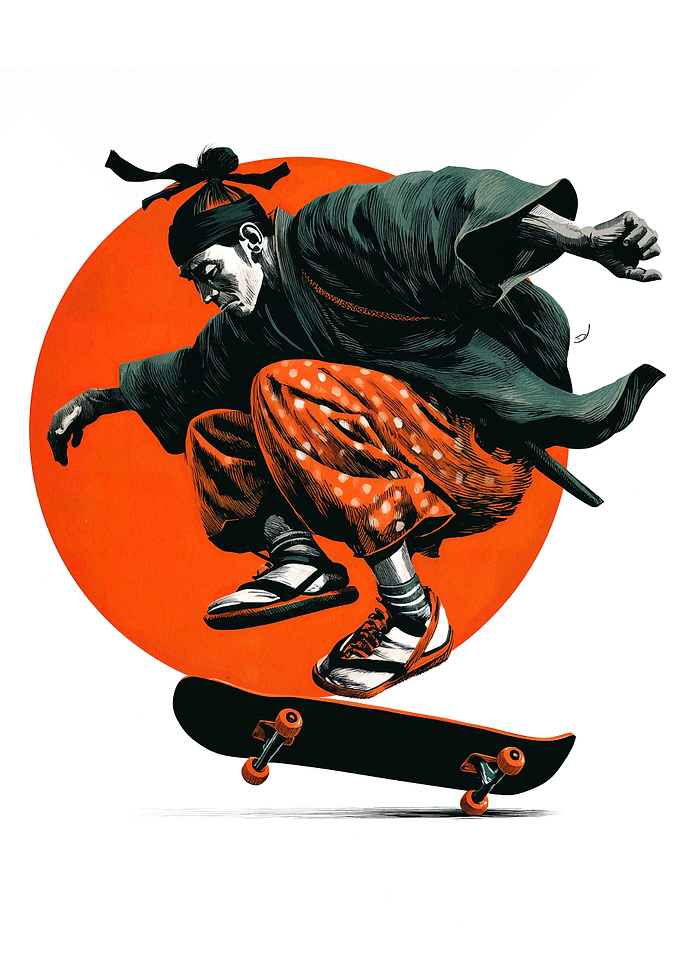 Samurai Skateboarder with Orange Sun