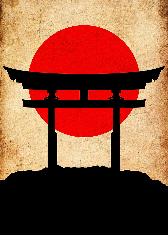 Japanese Torii Gate Silhouette with Rising Sun