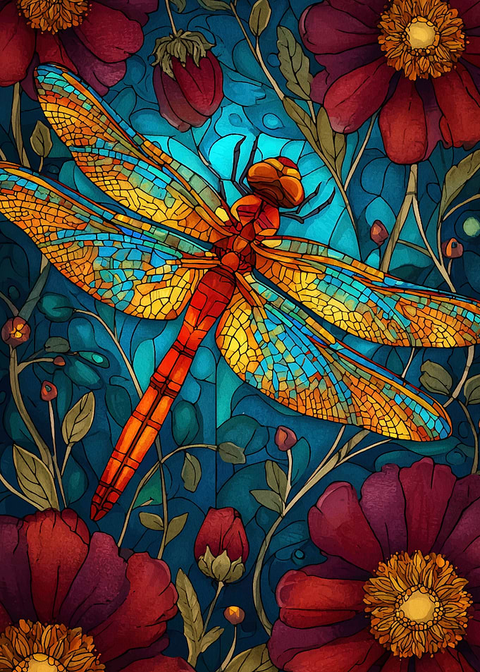 Dragonfly and Flowers Stained Glass Style