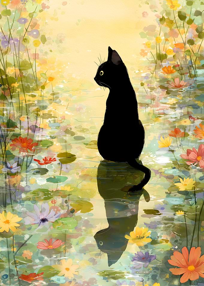 Black cat in a flower pond