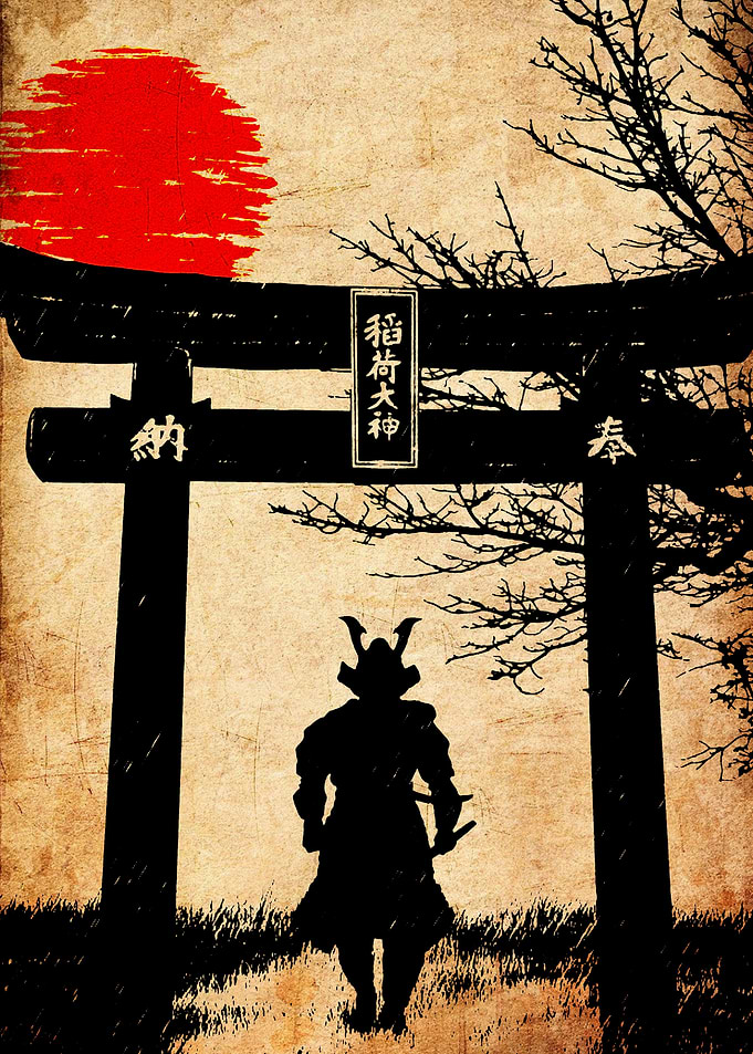 Samurai Silhouette Under Torii Gate