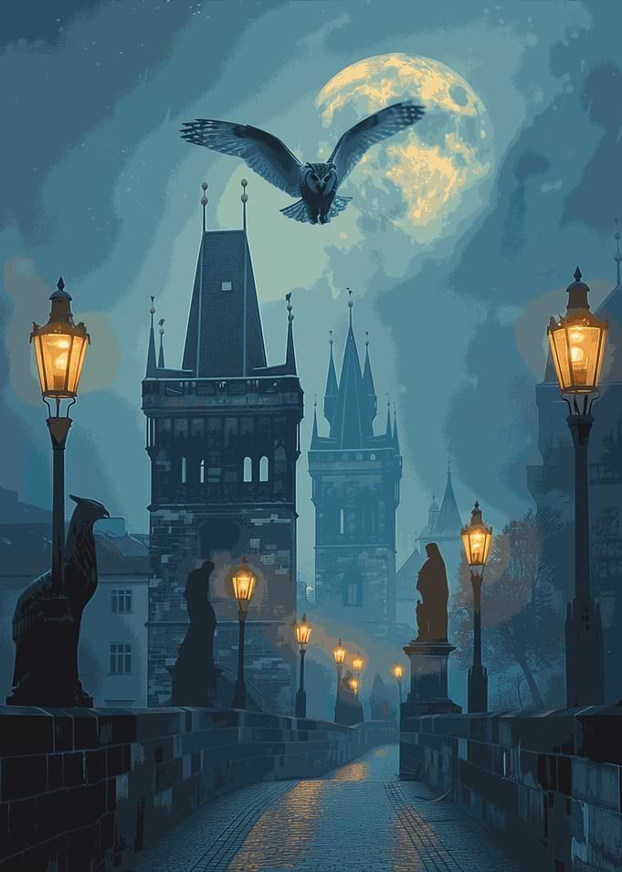 Owl over Prague Charles bridge at night
