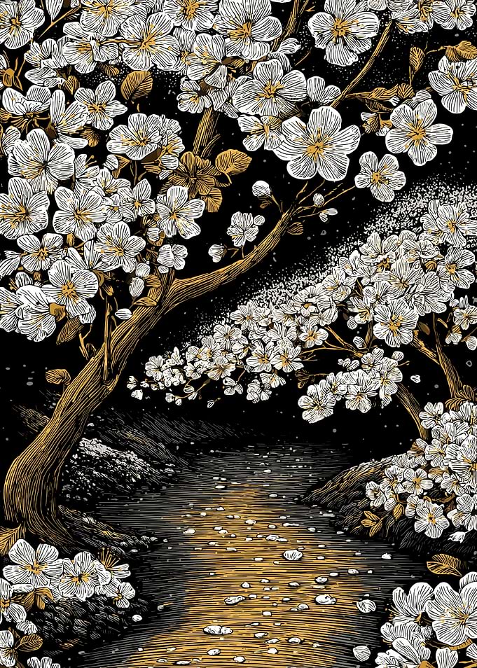 Cherry Blossoms by River