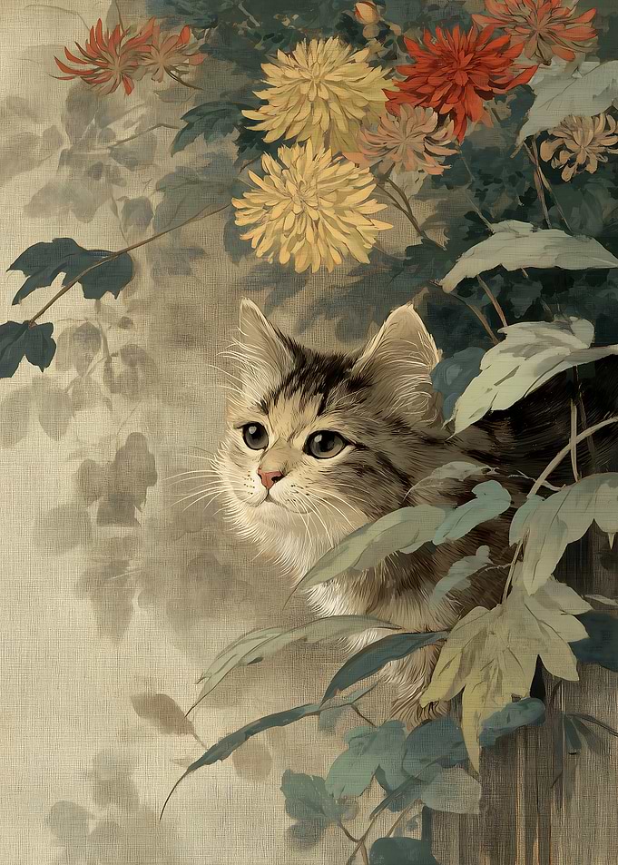 Cat among Chrysanthemums Vintage Art