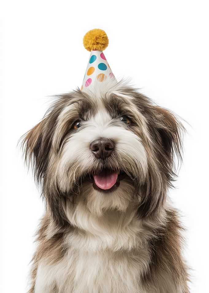 Happy Tibetan Terrier Dog with Party Hat