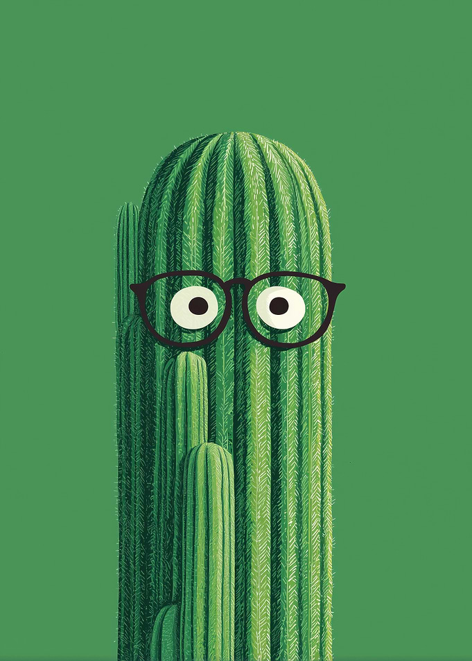 Cactus with Glasses on Green Background