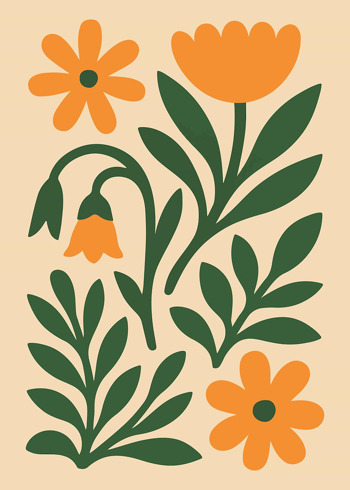Floral Illustration with Orange Flowers and Leaves