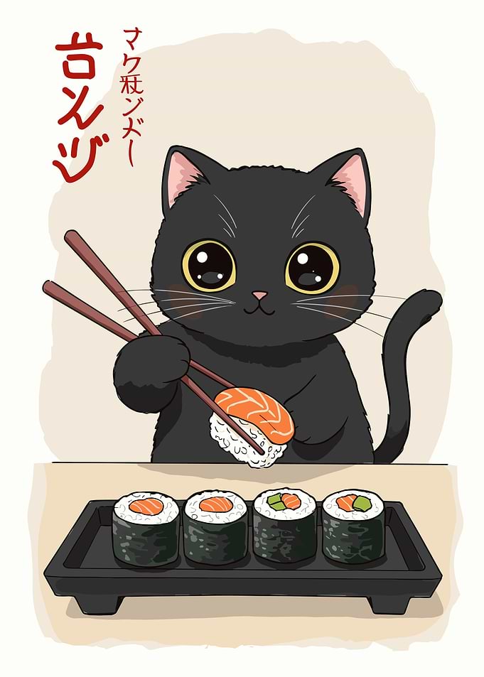 Cat Eating Yummy Sushi