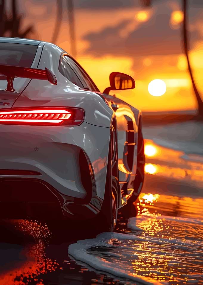 White Sports Car on Beach at Sunset