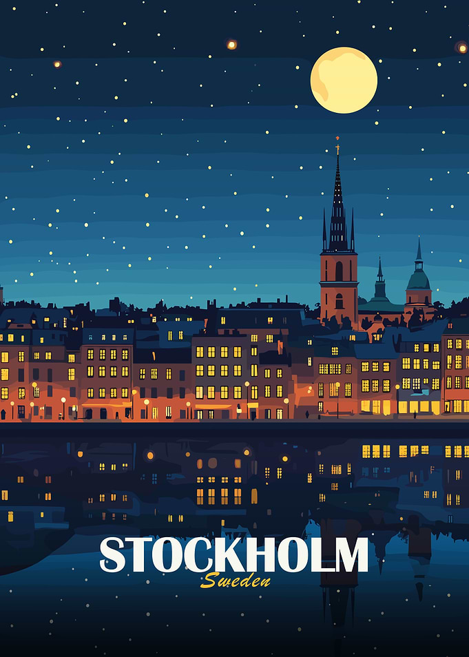 Stockholm Sweden Night Cityscape Illustration